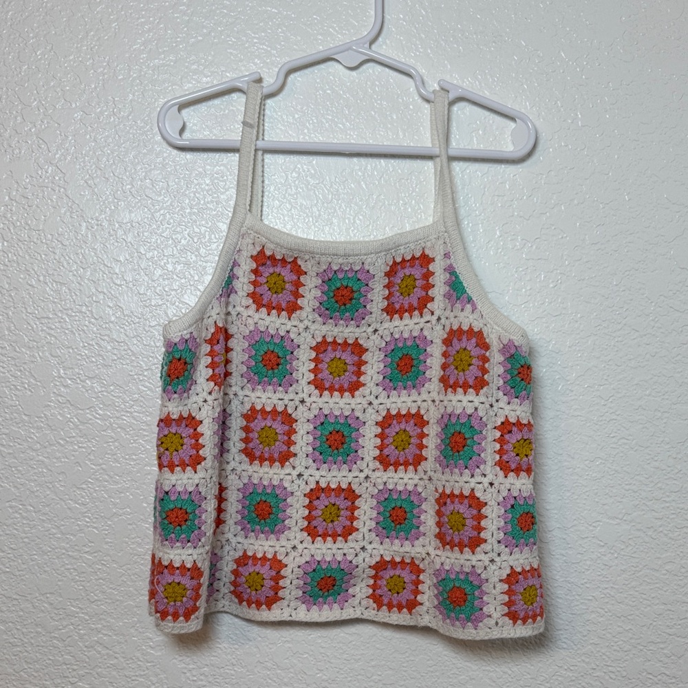 art class Cream Crochet Tank Top with Pink, Orange & Green Accents